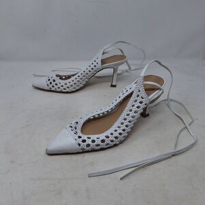 Ann Taylor White Leather Woven Pointed Toe Kitten Heels Lace Up Coastal Size 7